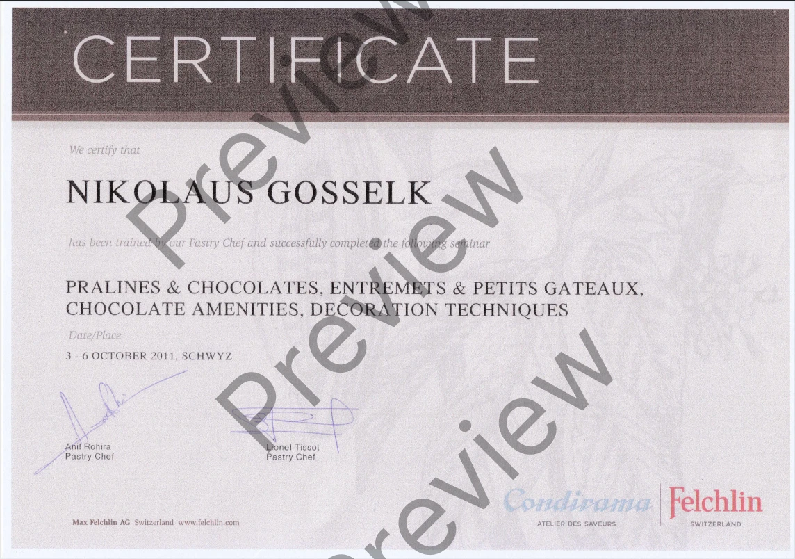 Bakery – Pastry – Chocolatier certificate from Dr Scholze Confectionery & Confiserie, Germany