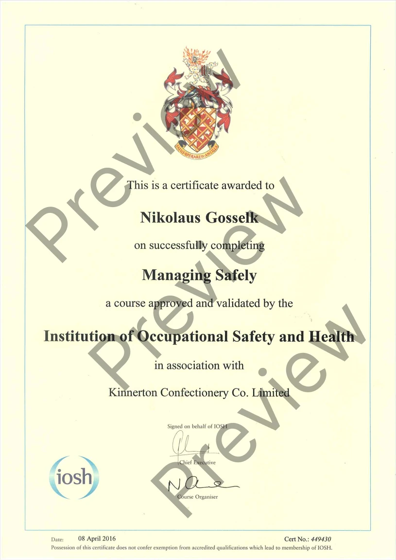 Production Manager certificate from Bakery & Pastry Hoffmann, Germany