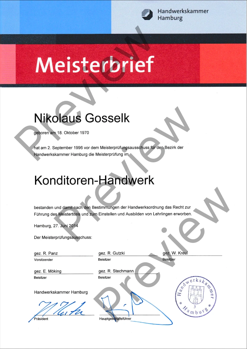 Training for Master certificate - Meisterbrief from Confectionery Christiansen, Germany