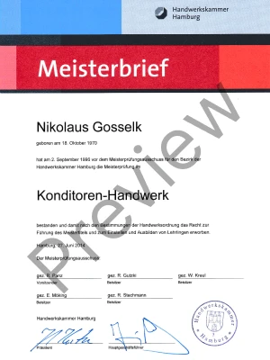 Training for Master certificate - Meisterbrief from Confectionery Christiansen, Germany